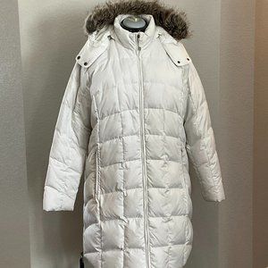 Eddie Bauer white knee length Puffer with removable faux fur lined hood